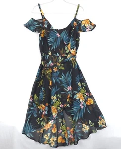 By & By Dress Faux Wrap Women 9 Black Floral High-Low Lined Cold Shoulder Belted - Picture 1 of 13