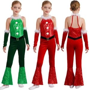 Girl Jumpsuit Flared Unitard Sleeveless Bodysuit Leotard Party Christmas Xmas - Picture 1 of 27