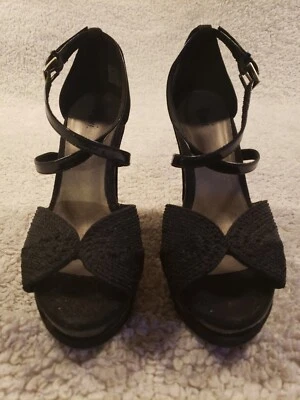 Fioni Black Peep Toe Platform Wedge Heels, Sz 7US - Image 1 of 4