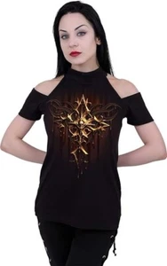 Spiral Dripping Gold T-shirt Women's Halter Neck Drop Shoulder Size S Black Top - Picture 1 of 13