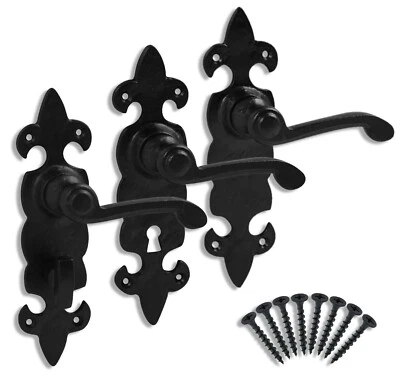 Vintage Black Cast Iron Fleur De Lys Door Handles - Lever, Lock, or Bathroom Set - Image 1 of 4