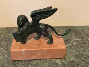 Antique Vintage Winged Lion of St. Marks-Venice Italy Bronze Statue Marble Base - Bild 1 von 8