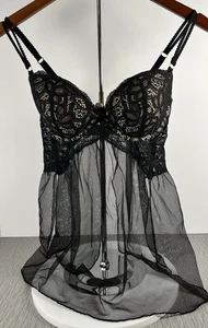 Victoria’s Secret Very Sexy Lace Mesh Baby Doll Size 34D Black sheer - Picture 1 of 13