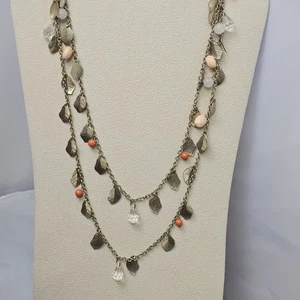 Lucky Brand Leaf Charm Necklace Double Layer Gold Tone Boho JS Tag 36in Long - Picture 1 of 6