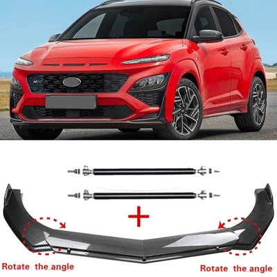 For Hyundai Kona 2018-2025 Carbon Fiber Style Front Bumper Lip Spoiler+Strut Rod Foto 1 de 4