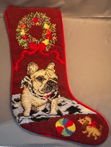 Mops Nadelspitze Weihnachtsstrumpf Wolle rot Samtrücken braun Hund Vintage - Bild 1 von 6