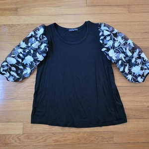 Kim & Cami Womens Small Black Embroidered Mesh Balloon Sleeves Artsy Whimsy USA - Picture 1 of 8