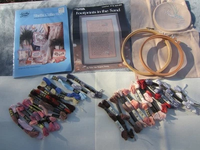 2 Shell/Footprints Cross Stitch Books~Aida Cloth~2 Hoops~30 DMC Floss LOT - Image 1 of 4