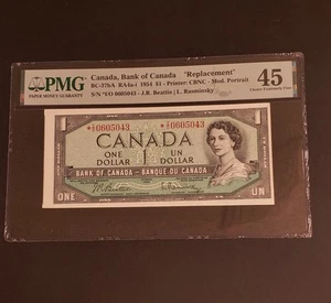 RARE "CUTTING ERROR" ON REPLACEMENT STAR 1954 Bank of Canada $1 Banknote. - Picture 1 of 2