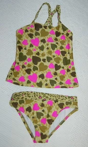 Ocean Pacific TANKINI 2 Pc SWIM SUIT Camouflage Animal Spot Hearts Girls XS 4-5 - Picture 1 of 2