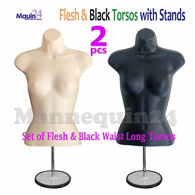 Flesh & Black Mannequin Female Torso Dress Forms Set w/2 Metal STANDS +2 Hangers - Image 1 of 4
