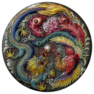 Tuvalu 2024 Dragón y Fénix Arco Iris Yin y Yang $5 5 OZ Plata Antiguo Piedfort - Imagen 1 de 4