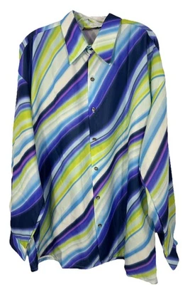 VTG MONZINI Mens Disco Shirt XL (Fits 2XL) Satin Striped Purple Green 70s Retro - Image 1 of 4
