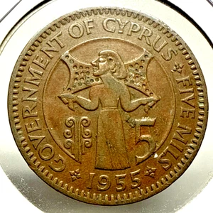 Moneda de bronce de grado superior Chipre 1955 5 millas km#34 - Imagen 1 de 4