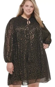 New DKNY Gold & Black Animal Print Tie-Neck Pleated Dress NWT Plus Sz 20 W - Picture 1 of 7