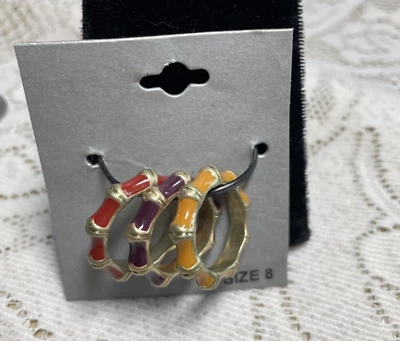 全新 多色 珐琅 黄色、紫色、红色、戒指 金色 三件套 8 码 — 第 1/4 张图片