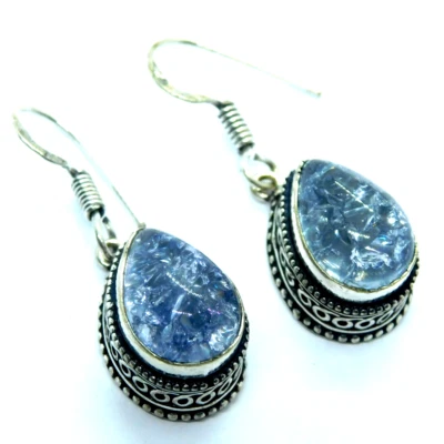 Orecchini al quarzo crepa blu argento sterling 925 placcato gemma gioielli re... - Immagine 1 di 4