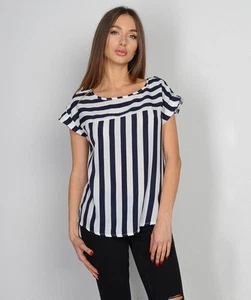 RED BERRY Navy White Striped Top NAUTICAL Sheer Zipper ROLL TAB Dolman Blouse - Picture 1 of 7