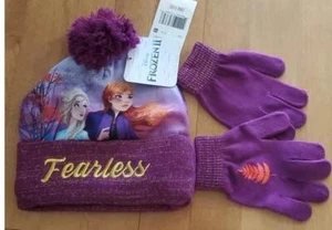 Girls Disney FROZEN Fearless Sisters Hat & Gloves Set OSFM Pom Pom Beanie NWT - Picture 1 of 1