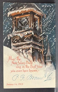TARJETA MECÁNICA AÑO NUEVO ANILLOS CAMPANA 1913 EN CAMPANARIO EN NIEVE~LIVERMORE & KNIGHT - Imagen 1 de 5