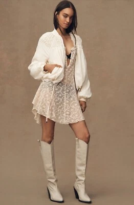 Anthropologie Bomber Jacket Women Ivory Smocked Preppy Comfy Boho Y2K XXS NWT - Image 1 of 4