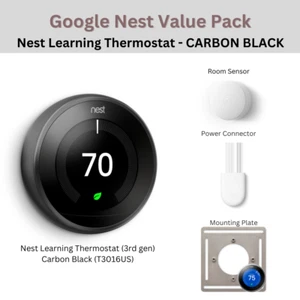 BLACK Pack: Nest Learning Thermostat 3rd gen + 1x Room Sensor + Power Connector - Picture 1 of 6
