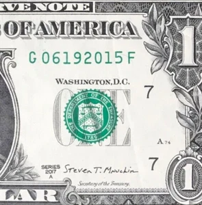 June 19, 2015 : G 06192015 F BIRTHDAY Note $1 One Dollar Bill - Picture 1 of 3