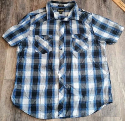 Camisa Helix Western Para Hombres 2XL Delgada Azul Negro Blanco A Cuadros Manga Corta Abotonada Foto 1 de 4