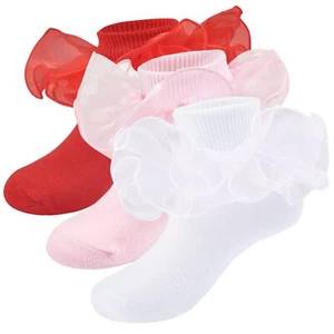 Girls Ruffle Socks Frilly Double Lace Socks Cotton Turn Cuff Socks 6-8 Years ... - Picture 1 of 6