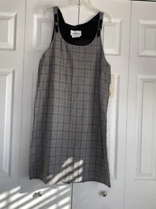 Overall Jumper Dress Tres Paquette Plaid Shoulder Buckles Lined Knee Length Sz M - Picture 1 of 3