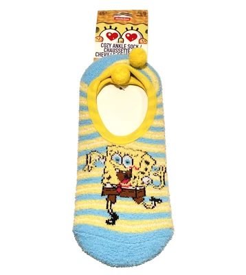SpongeBob Socks Fuzzy Blue Yellow Socks Striped Cozy Ankle Socks Nickelodeon New - Image 1 of 4
