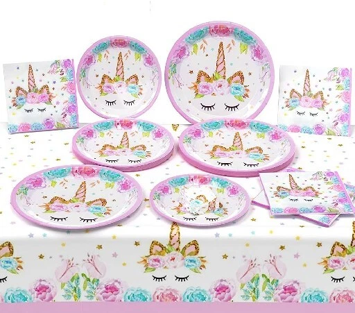 Decoraciones de cumpleaños de unicornio para niñas fiesta 32 platos 16 servilletas cubierta de 1 mesa Foto 1 de 4