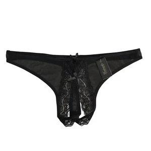 Frederick's of Hollywood Kandy Lee Panty Open Crotch Mesh & Lace Thong Black 1X - Picture 1 of 5