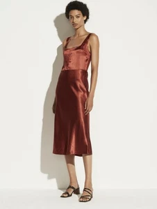 Abito midi elegante nuovo con etichette Vince Sangre scollo quadrato aderente raso slip taglia 2 - Foto 1 di 10