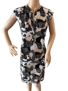 En Focus Studio Kleid Gr. 4 hellbraun schwarz weiß Blumen ärmellos Knöpfe Stretch - Bild 1 von 10