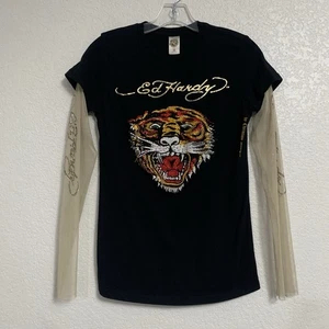 Camiseta Ed Hardy para mujer M Y2K tatuaje de tigre gráfico estrás tachuelas malla en capas - Imagen 1 de 15