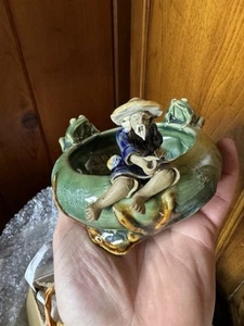 Vintage Majolica Style Glazed Ceramic Pottery Two Frog & Mudman Planter Pot - Picture 1 of 12