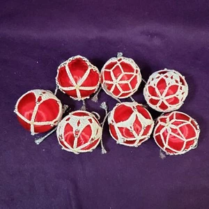 Vintage 7 Red Satin Christmas Balls w/ Hand Crocheted Coverings Ornaments 2 1/2 - Picture 1 of 4