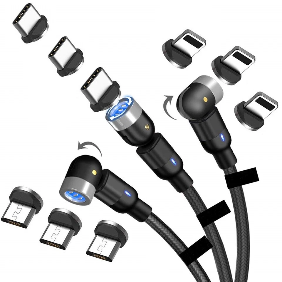 3-in-1schwenkbar Magnet Ladekabel 2m USB Schnellladekabel iPhone Typ C Micro USB - Bild 1 von 4