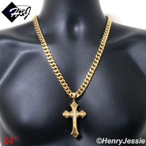 18"-40"MEN Stainless Steel 9mm Gold Plated Cuban Curb Chain CZ Cross Pendant*146 - Picture 1 of 7