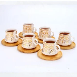 Turkish Porcelain Coffee Cup Set of 12 Cups and Saucers 3 Oz Gold Patterned Cups - Picture 1 of 4