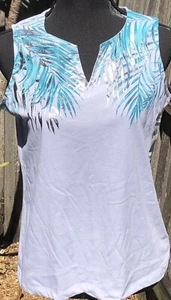 Coral Bay Petite Medium Ladies V Neck Tank Top White W/Lt. Blue & Silver Shimmer - Picture 1 of 13