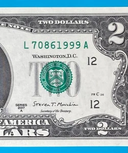 TRAILING YEAR 1999 (L 7086 1999 A) $2 Two Dollar Bill Serial Number 2017A UNC* - Picture 1 of 3