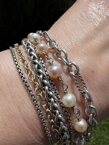 David Yurman Multi Chain Bracelet With Pearl 18k Gold Sterling Silver 6 Strand - Picture 1 of 10
