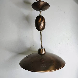 Disco vintage MCM vetro rame UFO da appendere dispositivo luce da soffitto retrattile - Foto 1 di 20