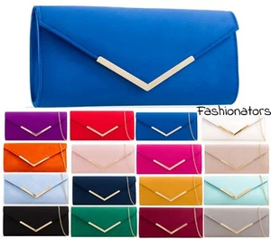 NEW Women's Faux Suede Plain Clutch Bag Wedding Party Prom Evening Chain Handbag - Picture 1 of 19