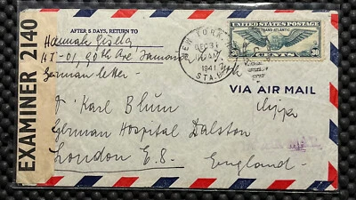 COVER US 1941 AIRMAIL NEW YORK - LONDON Trans Atlantic - Censored - Image 1 of 2