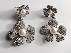Butler and Wilson Clear Crystal & Pearl Flower Drop Earrings NEW - Picture 1 of 1