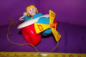 Fisher Price 1980 AIRPLANE PULL TOY Pilot Toddler Plane SPINNING PROPPELLER - Picture 1 of 6