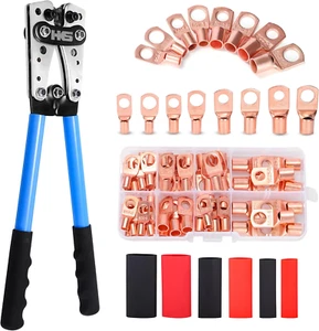 Battery Cable Lug Crimping Tool 10-1 AWG, 60Pcs Copper Ring Terminals & 60Pcs 3: - Picture 1 of 12
